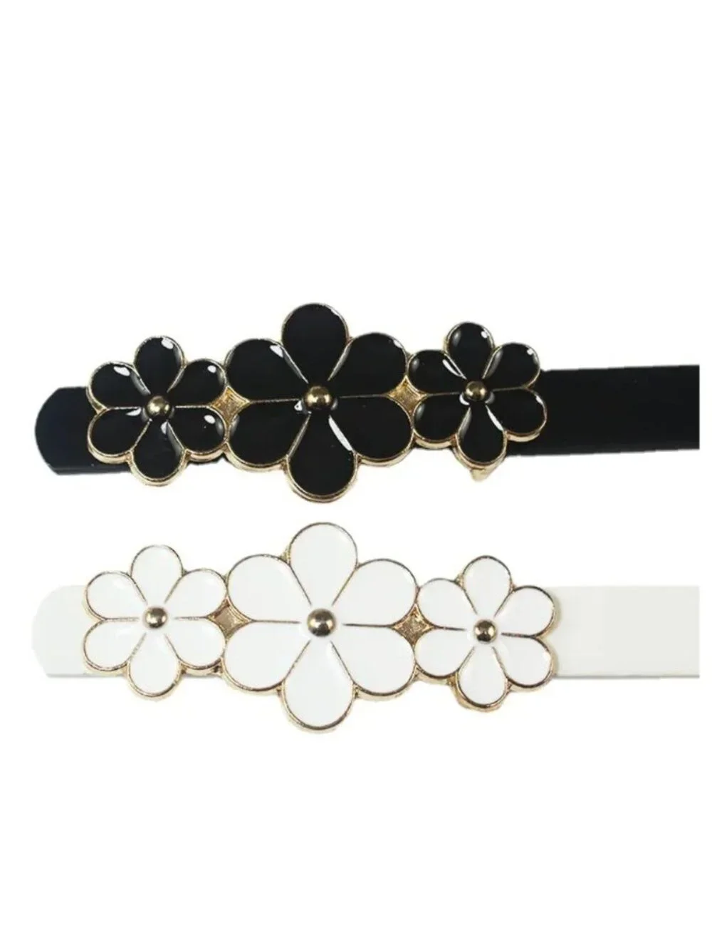Floral Buckle Skinny Belt Set of 2 - Black & White with Gold Accents